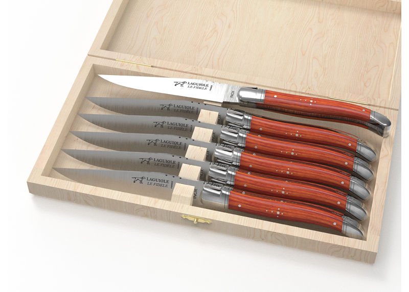 Service de 6 couteaux Laguiole avec un manche en bois de rose et mitres en acier inoxydable