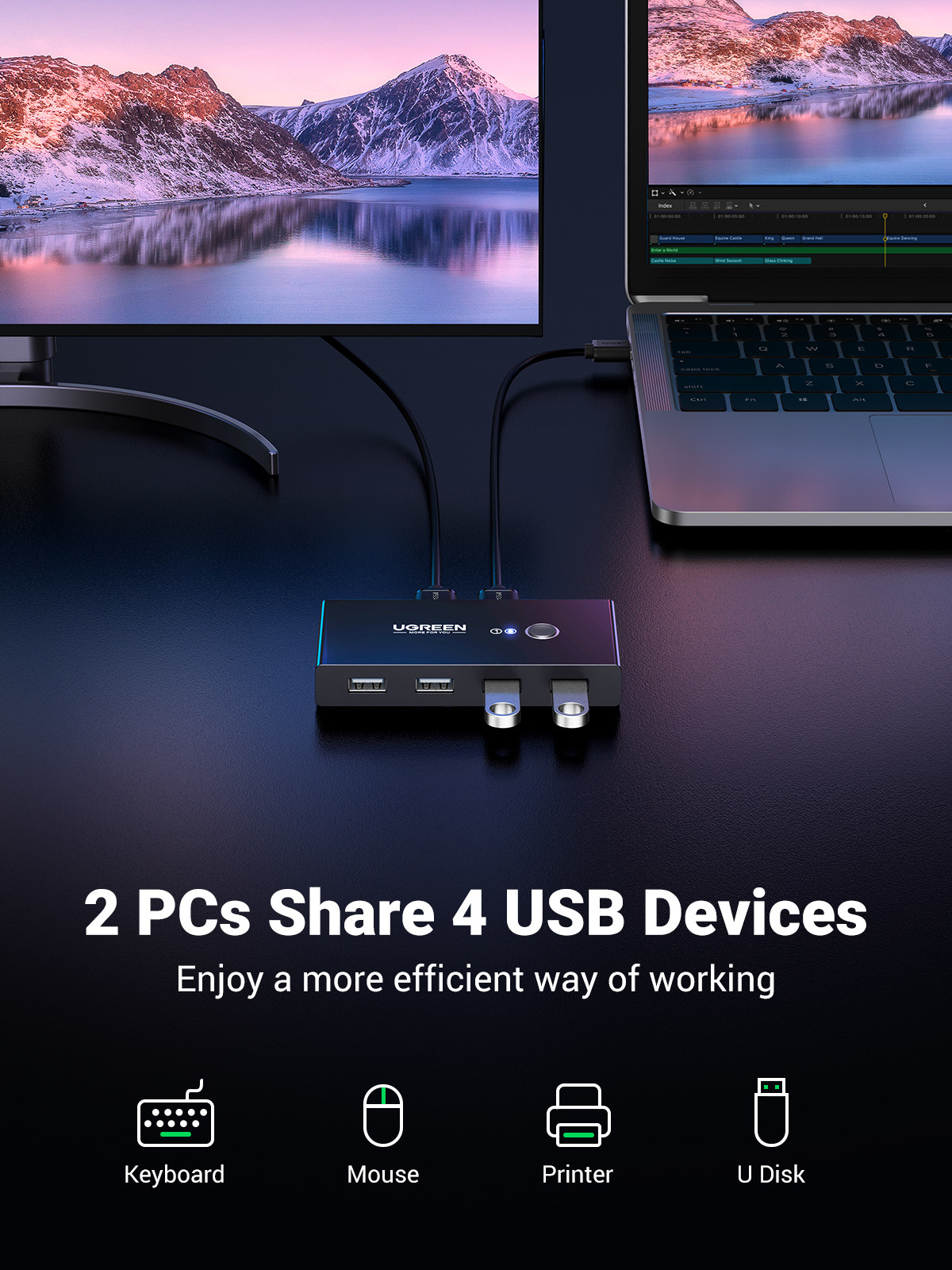 USB 2 auf 4 Sharing Switch Box Adapter mit 4x USB 2.0 (w) (480 Mbit/s) (30767) - Schwarz