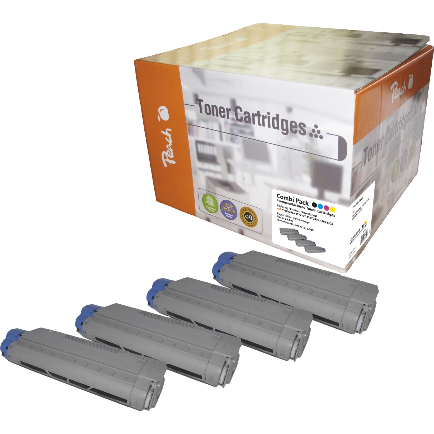 Peach O4386/87/36/85 4 Toner (bk, c/m/y) ersetzt OKI 43865708-43872305-7 für z.B. OKI C 5650, OKI C 5650 DN, OKI C 5650 N, OKI C 5750 (wiederaufbereitet)
