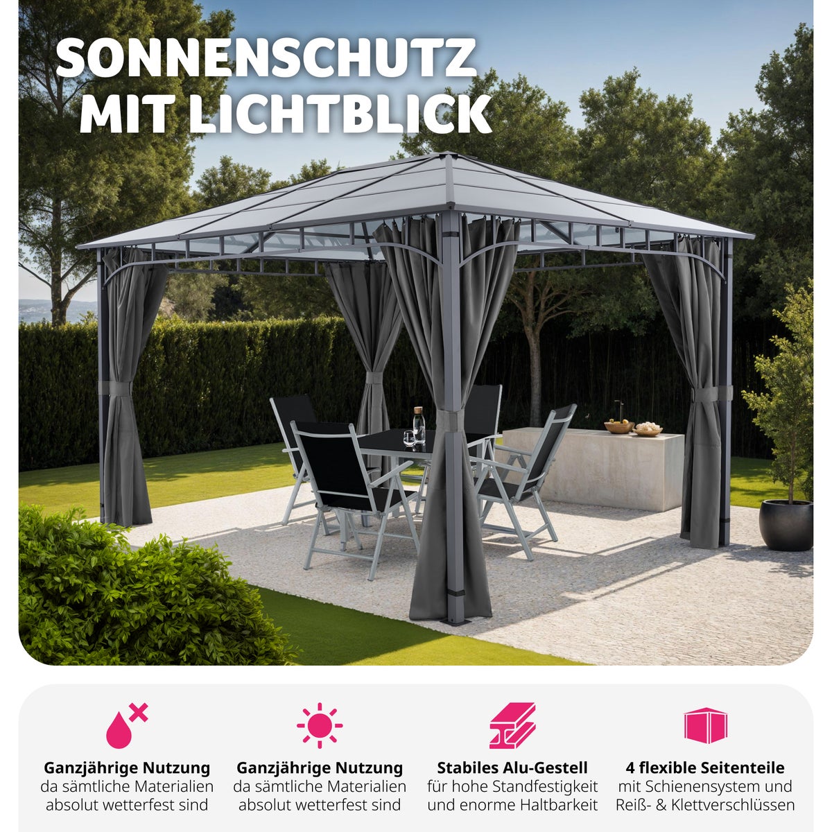 tectake Caracas tuinpaviljoen met gepoedercoat aluminium frame, inclusief 8 haringen