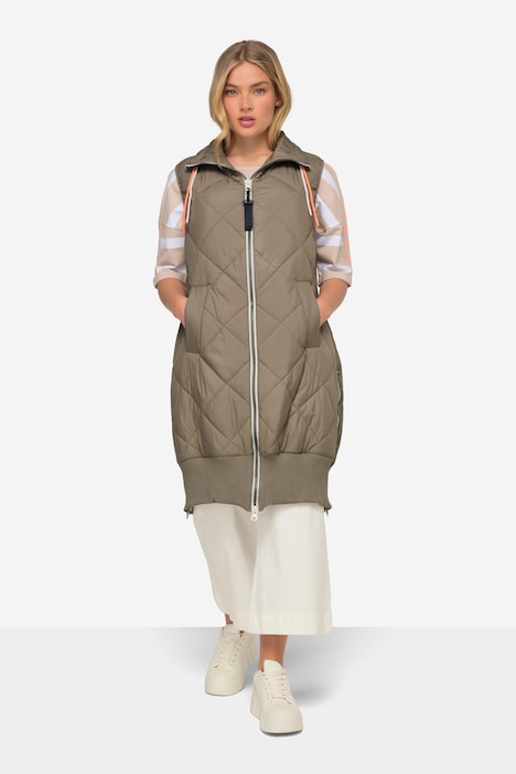 Steppweste, lange Form, Stehkragen, Zipper, Rippsaum