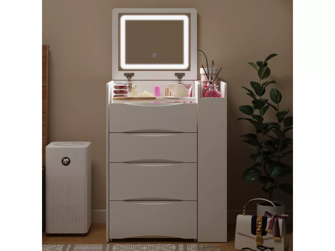 Coiffeuse avec miroir rabattable,éclairage tricolore,tiroirs,Salon,‎Blanc,61x40x81.5cm