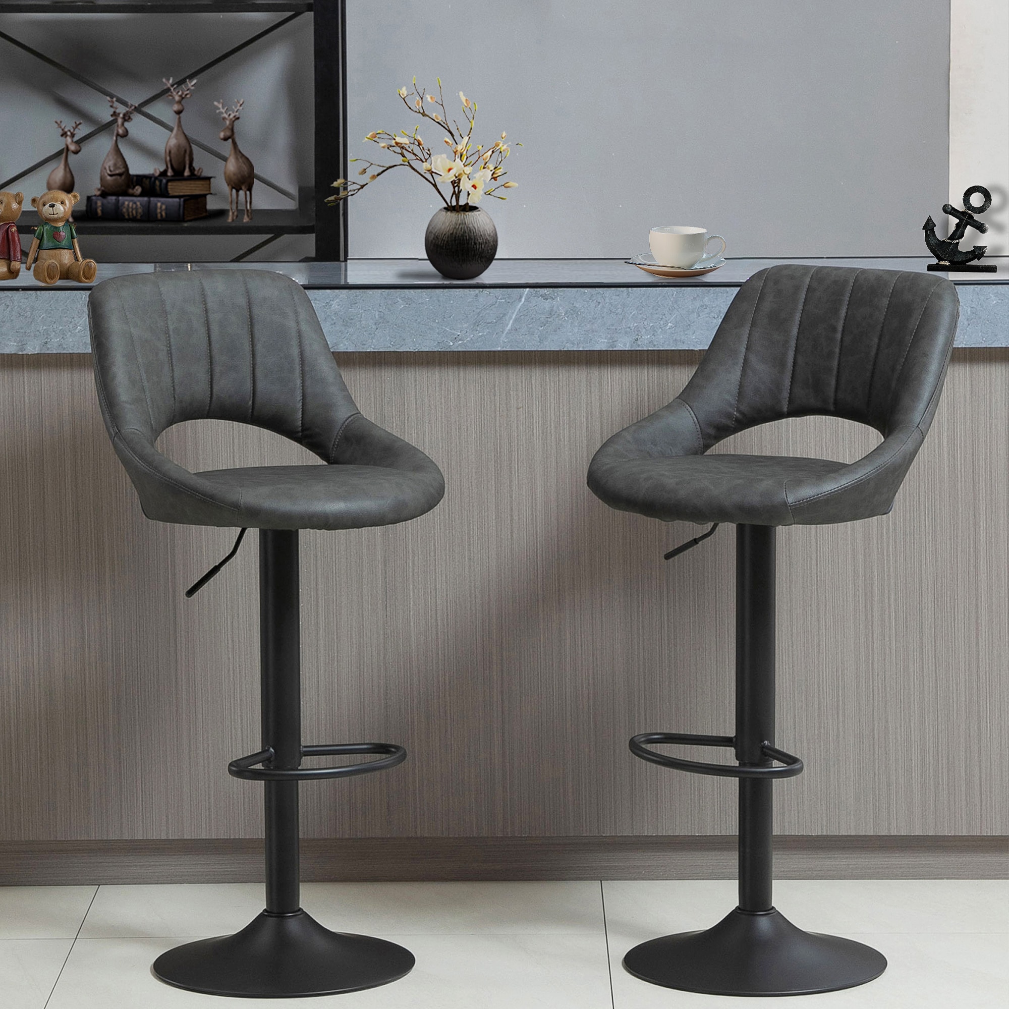 HOMCOM Barhocker mit Rückenlehne und Fußstützen grau 44L x 49B x 90-110H cm