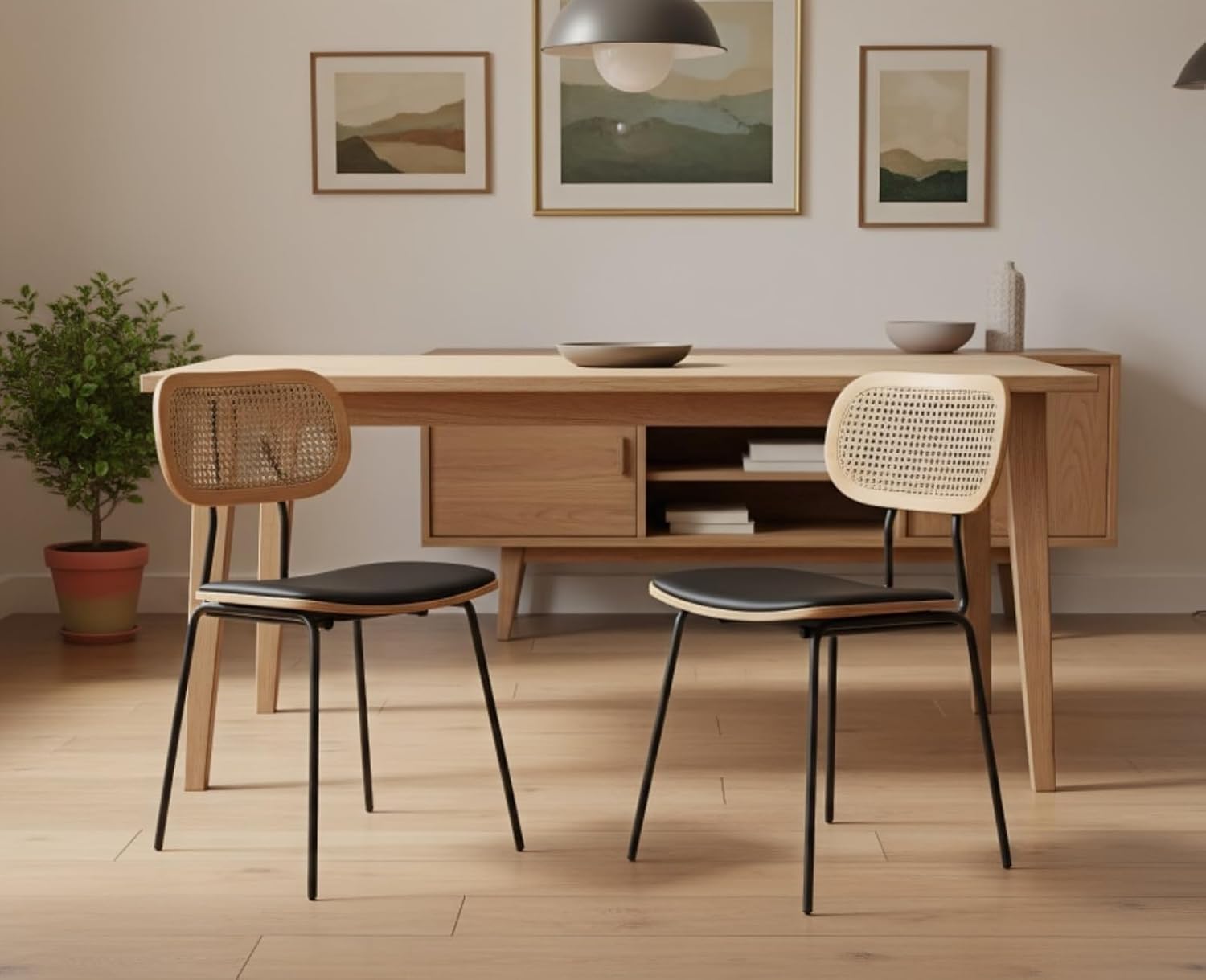 Rattan Esszimmerstühle 2er Set Rattanstuhl mit Metallbeinen Küchenstuhl aus Kunstleder Polsterstuhl für Esszimmer, Schwarz