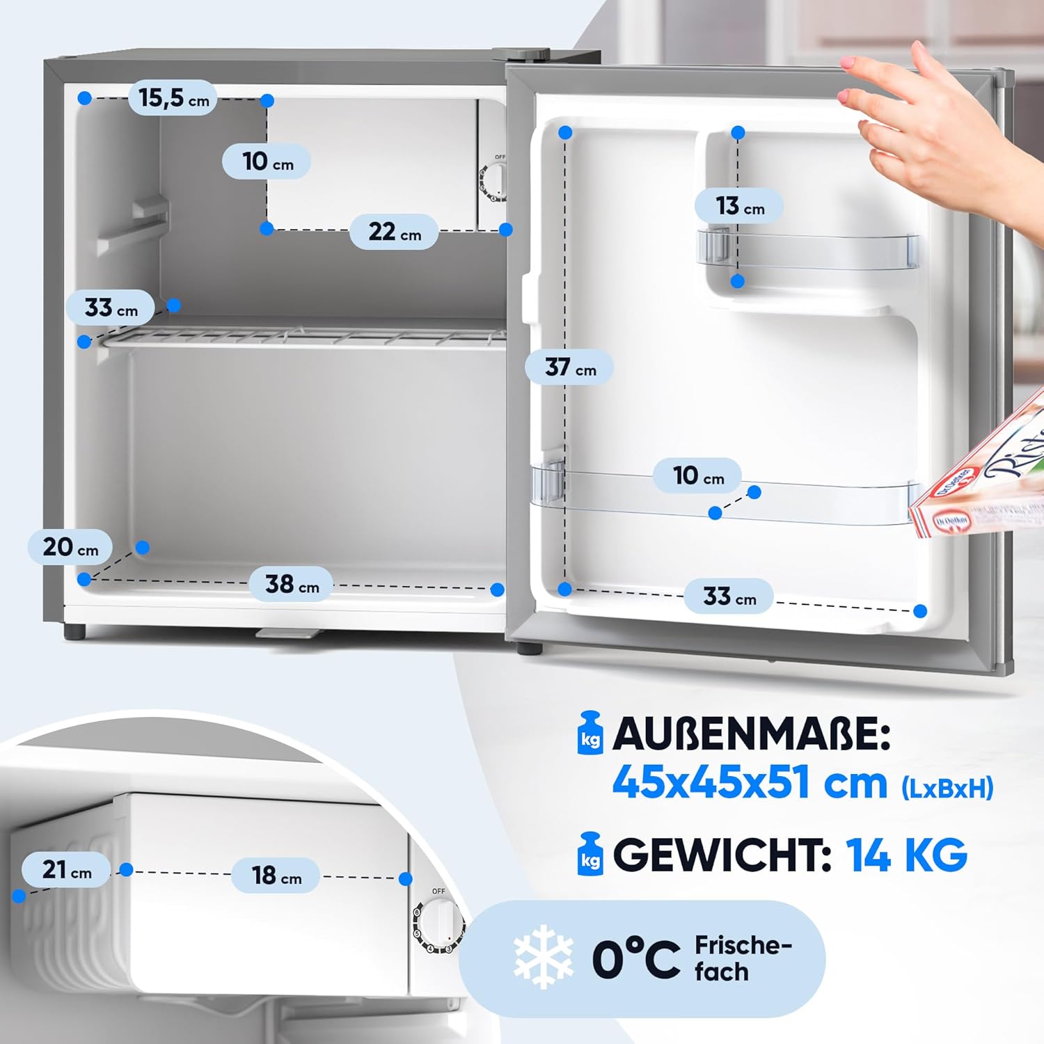 Stillstern Mini Kühlschrank E 45L mit Abtauautomatik, Schloss, Frostfach, Leise, Ideal für Küche, Büro, Schlafzimmer, Hotels und kleine Wohnungen Kühlschrank klein Minibar R600A Getränkekühlschrank