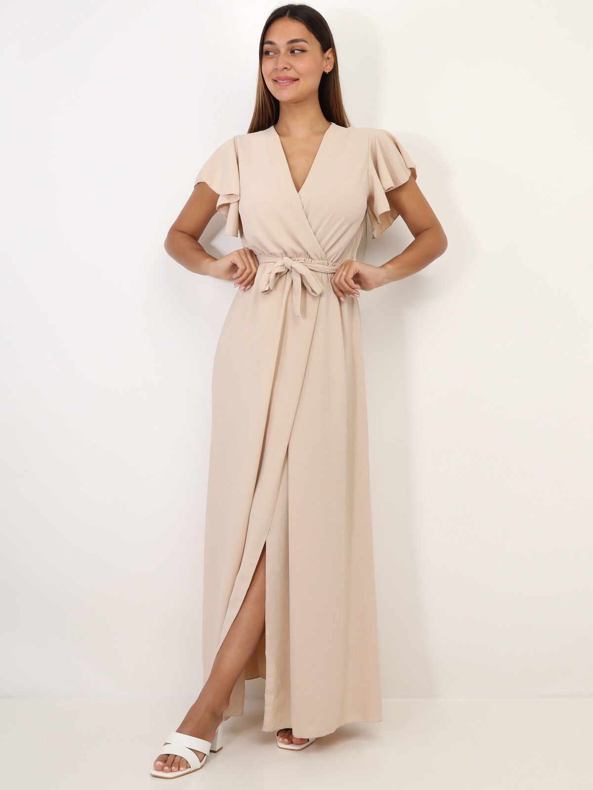 Robe longue fendue à col cache coeur- Beige