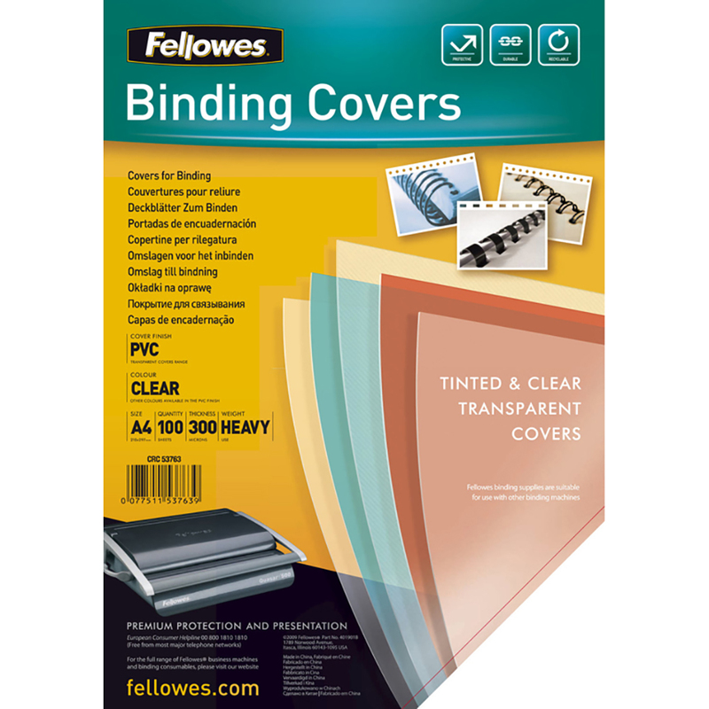 Fellowes Einbandfolien, 300 mic, A4, transparent, 100 Stück