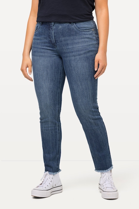 Jeans Sarah, Schriftdruck, High Waist, schmal, Fransen