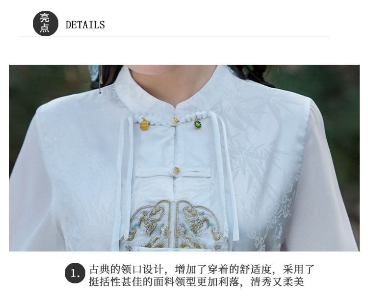 Fioridi - Hanfu-top met korte mouwen, geborduurd met bloemenmotief en knopen, / Midi-rok met hoge taille en zeeprint