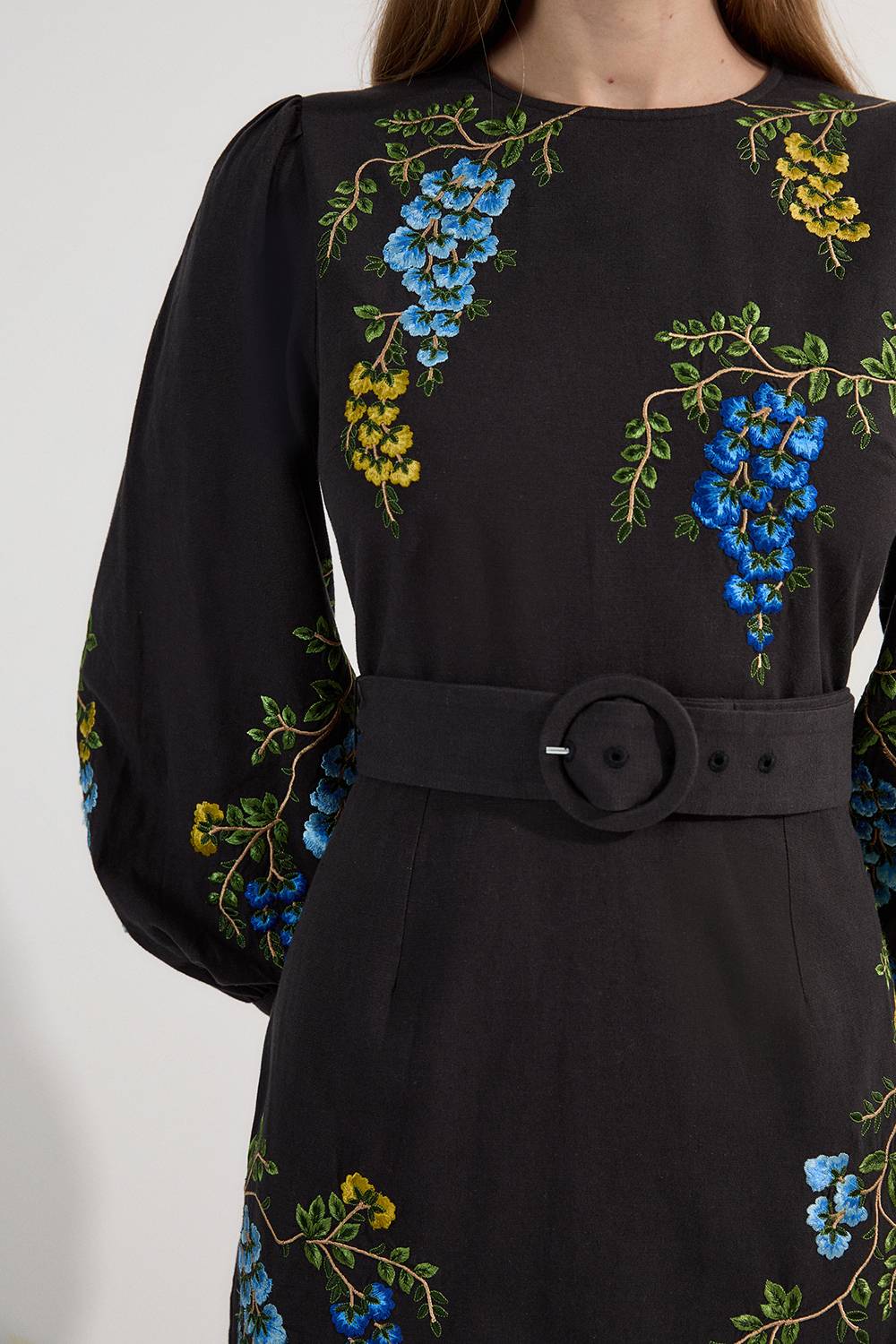 KarenMillen Robe midi tissée en lin-coton brodée de motifs floraux