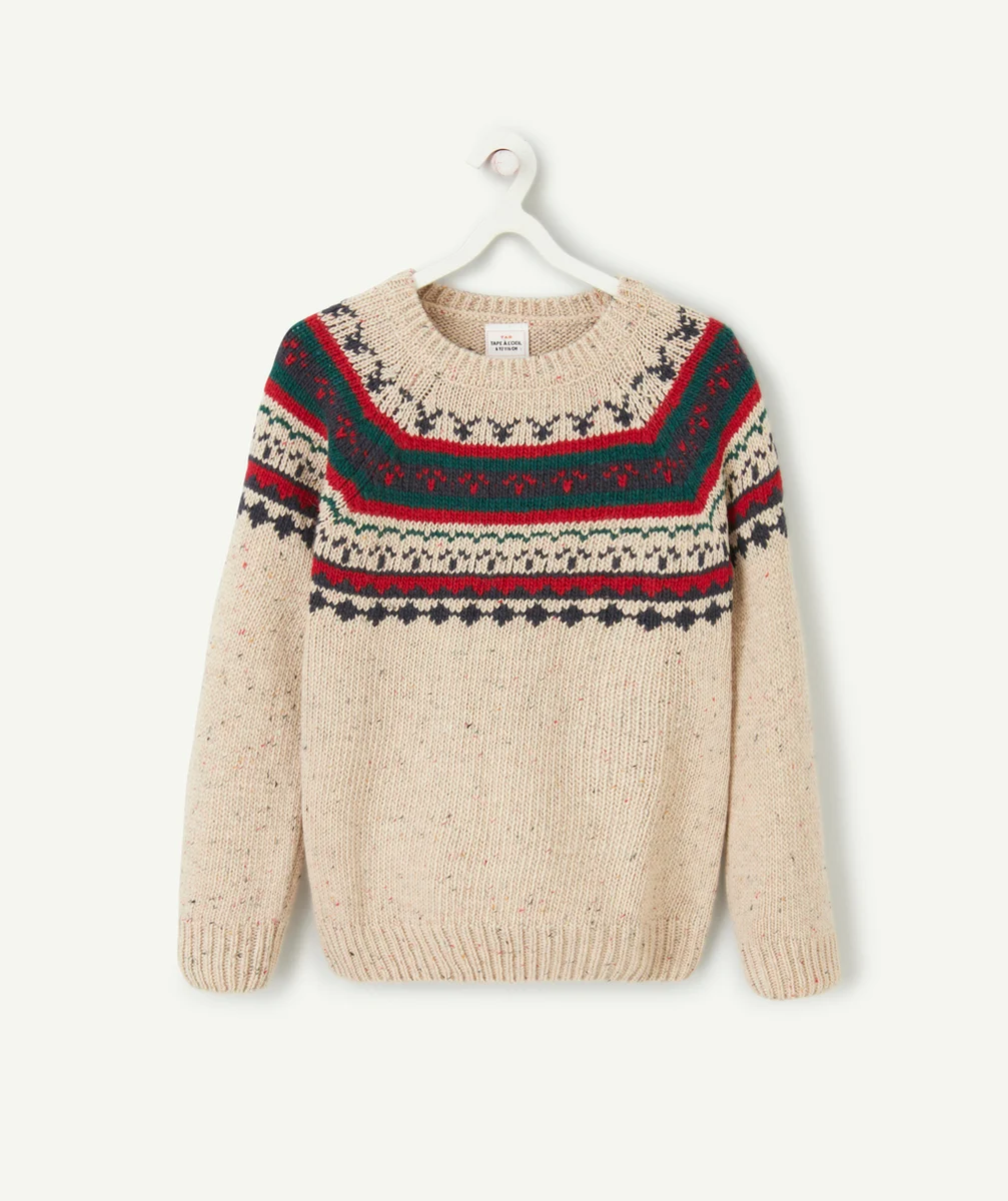 PULL DE NOËL GARÇON EN TRICOT BEIGE ROUGE VERT ET BLEU