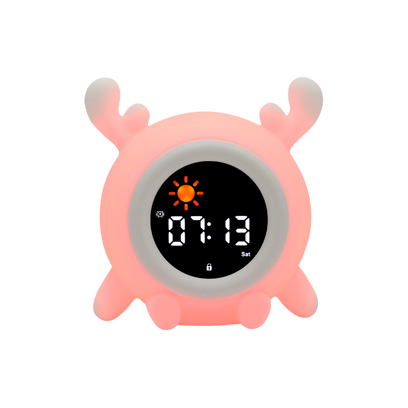 (13x12cm) 3in1 Silikon Wecker Kinder LED Nachtlicht mit Touch Funktion Schlaf Trainer Uhr mit Sonne / Mond - Hirsch