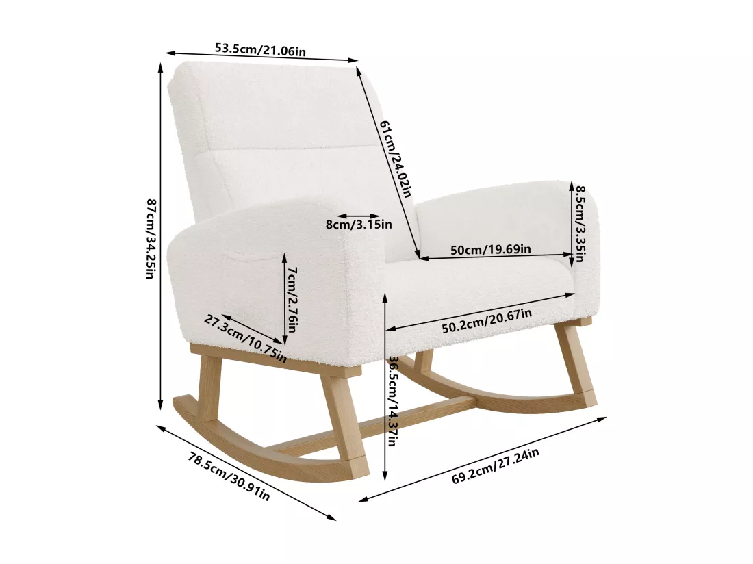 Fauteuil à bascule, fauteuil de relaxation, fauteuil de salon, d'accoudoirs, avec poches et pieds en bois, velours Teddy beige, charge maximale : 150 kg