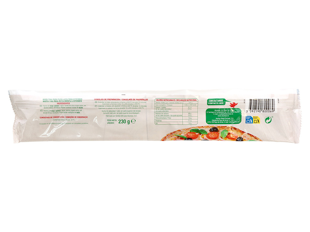 MASSA PARA PIZZA DE MASSA FINA AUCHAN 230G