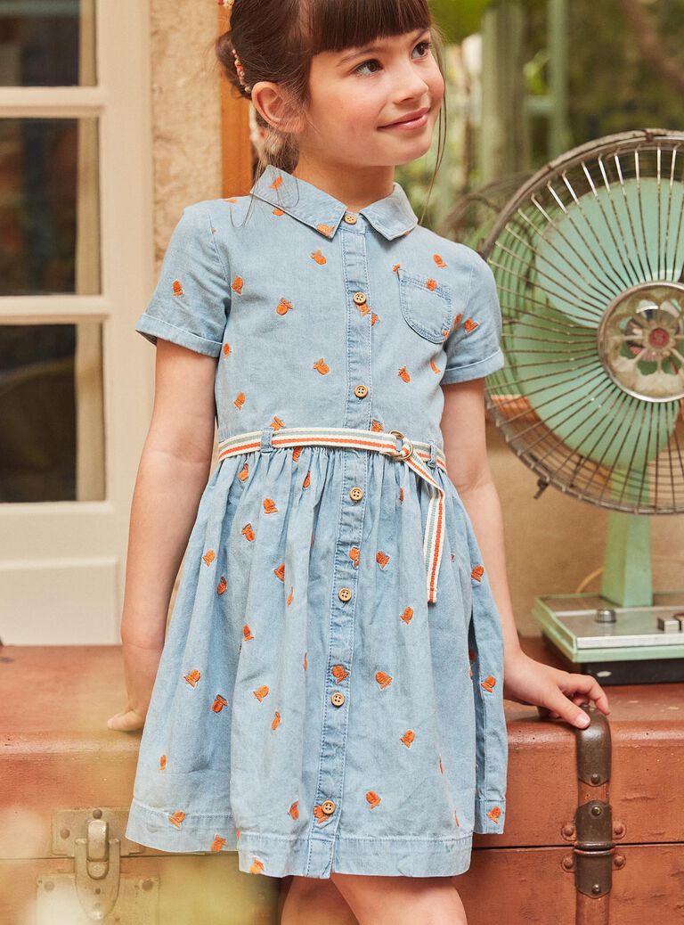 Robe à manches courtes bleu à imprimé pommes
