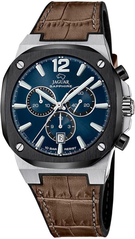 Jaguar - Rondcarre Blue - Herenhorloge - Meerkleurig - RVS Kast - Bruine Leren Band