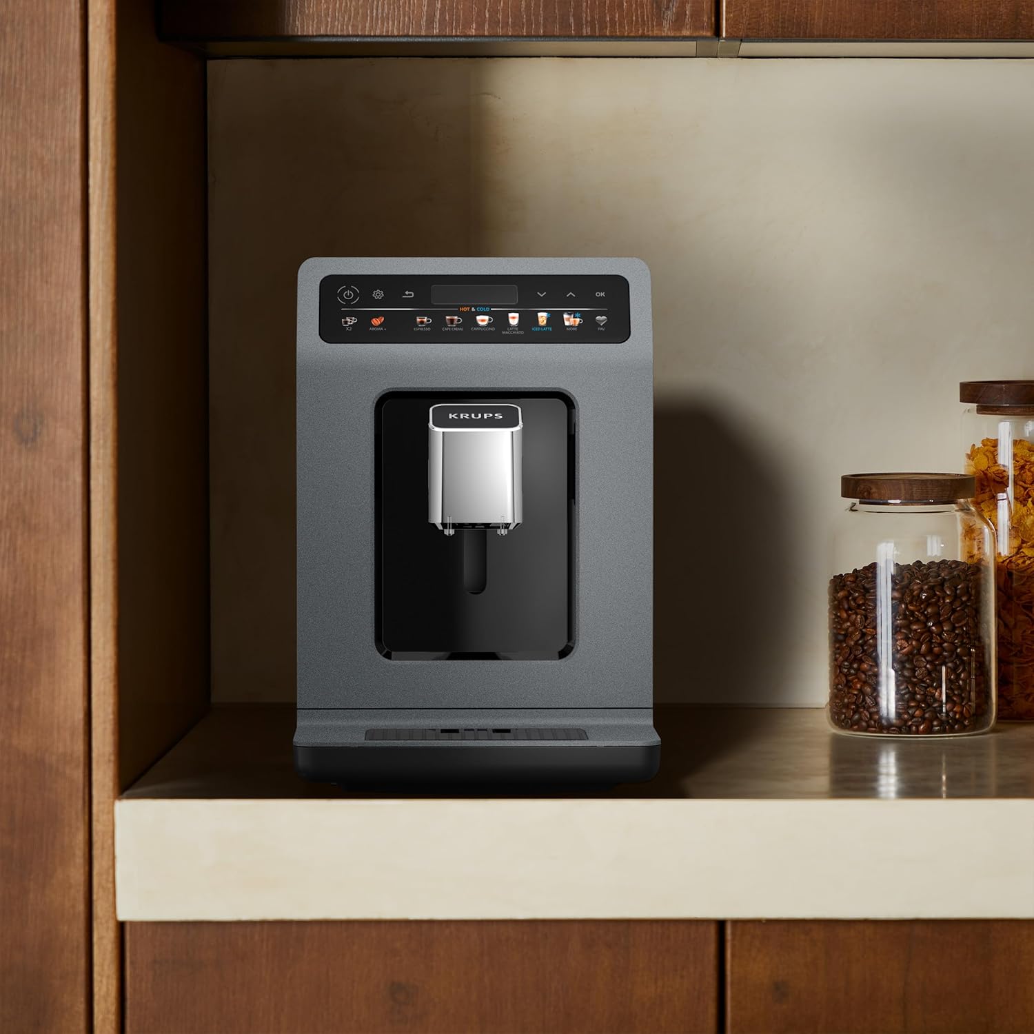 Krups Evidence Hot & Cold Kaffeevollautomat, 18 Getränkespezialitäten, heiße und kalte Getränke, One-Touch Cappuccino, Milchsystem, automatischer Pflegezyklus, schnelle Aufwärmzeit, EA898GF0