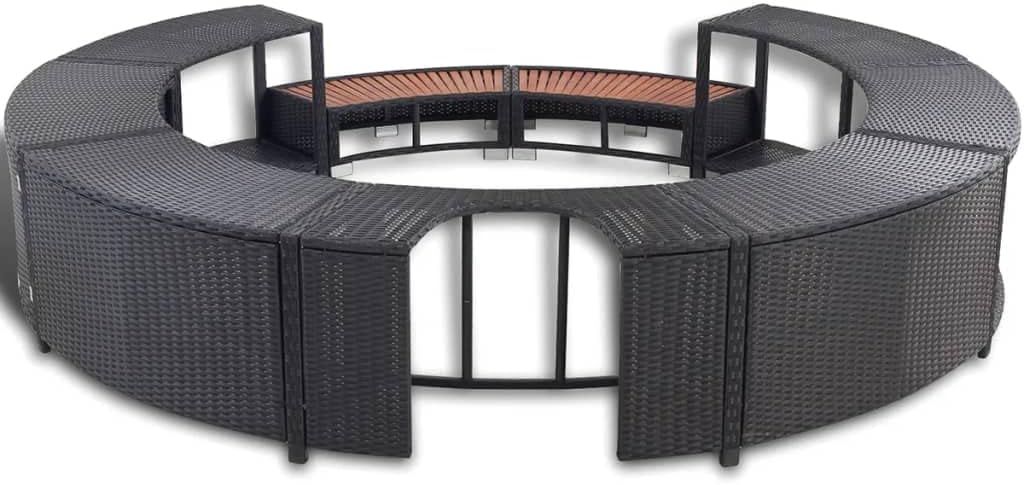 vidaXL Umrandung mit Stauraum für Whirlpool Spa Schwimmbecken Poolumrandung Poly Rattan Schwarz Hartholz Rund Pulverbeschichteter Stahl
