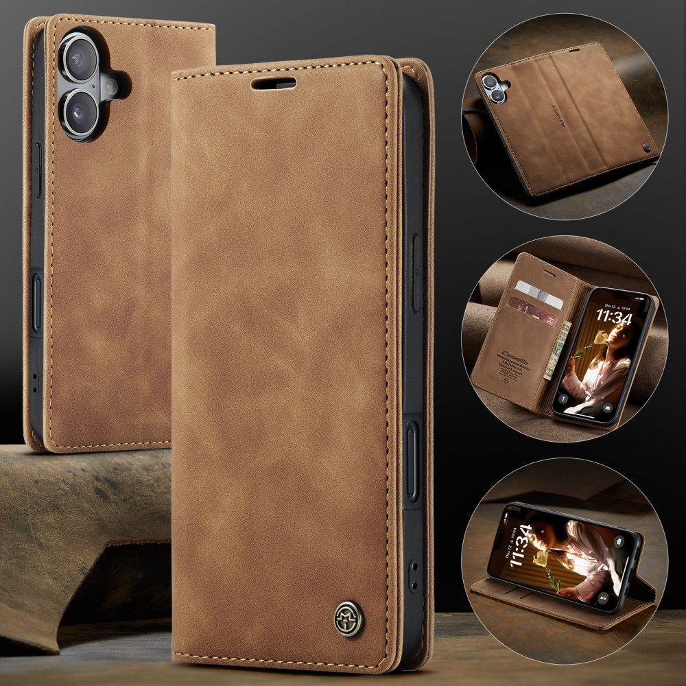 iPhone 16 Leder Tasche Flip Wallet Etui mit Kartenfächern - Hellbraun
