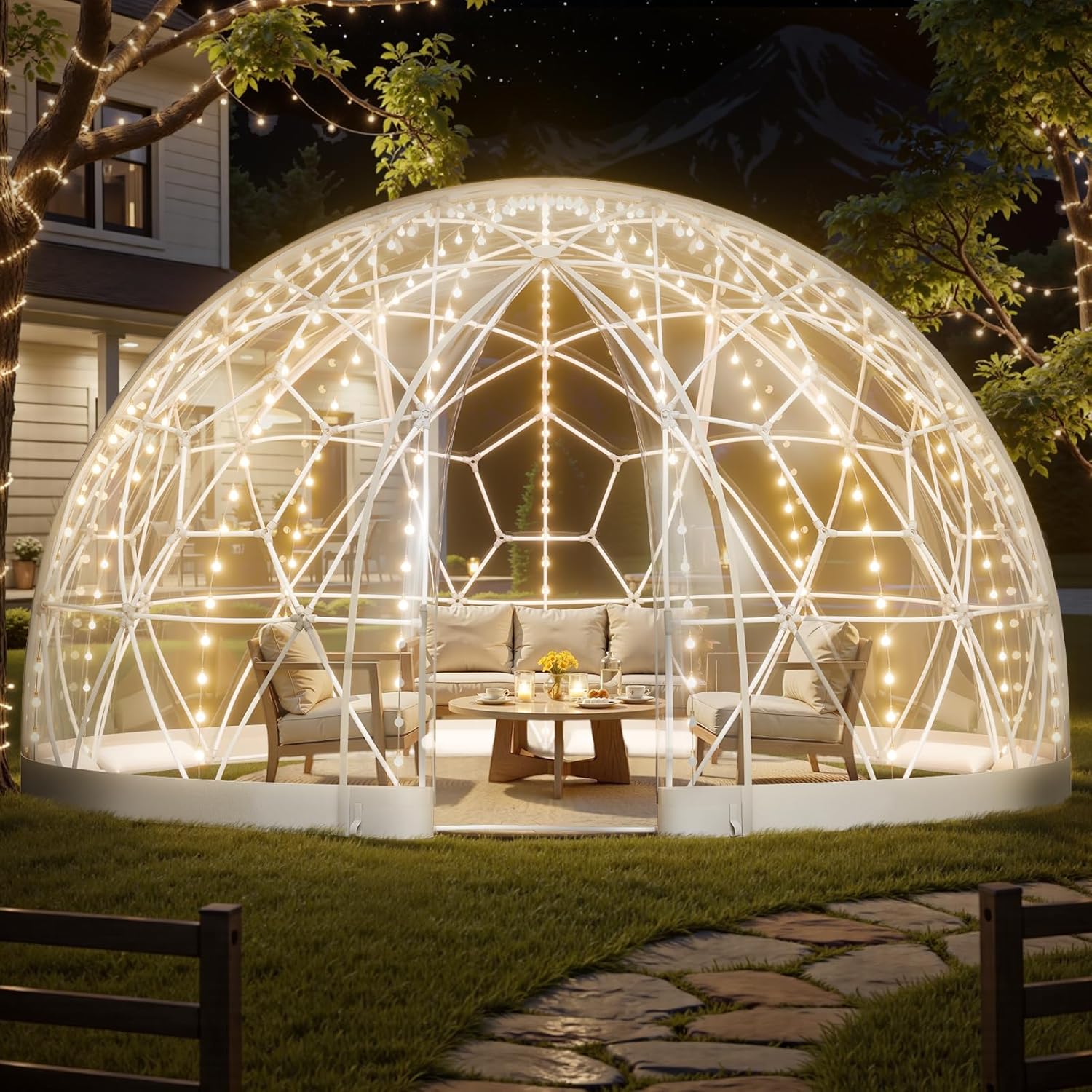 VEVOR Gartenkuppel, 4,57x2,9 m großes transparentes Blasenzelt für 10–14 Personen, geodätisches Kuppelgewächshaus mit Fenster, PVC-Zelt für Hinterhof, Terrasse, Camping, Party, Hochzeit