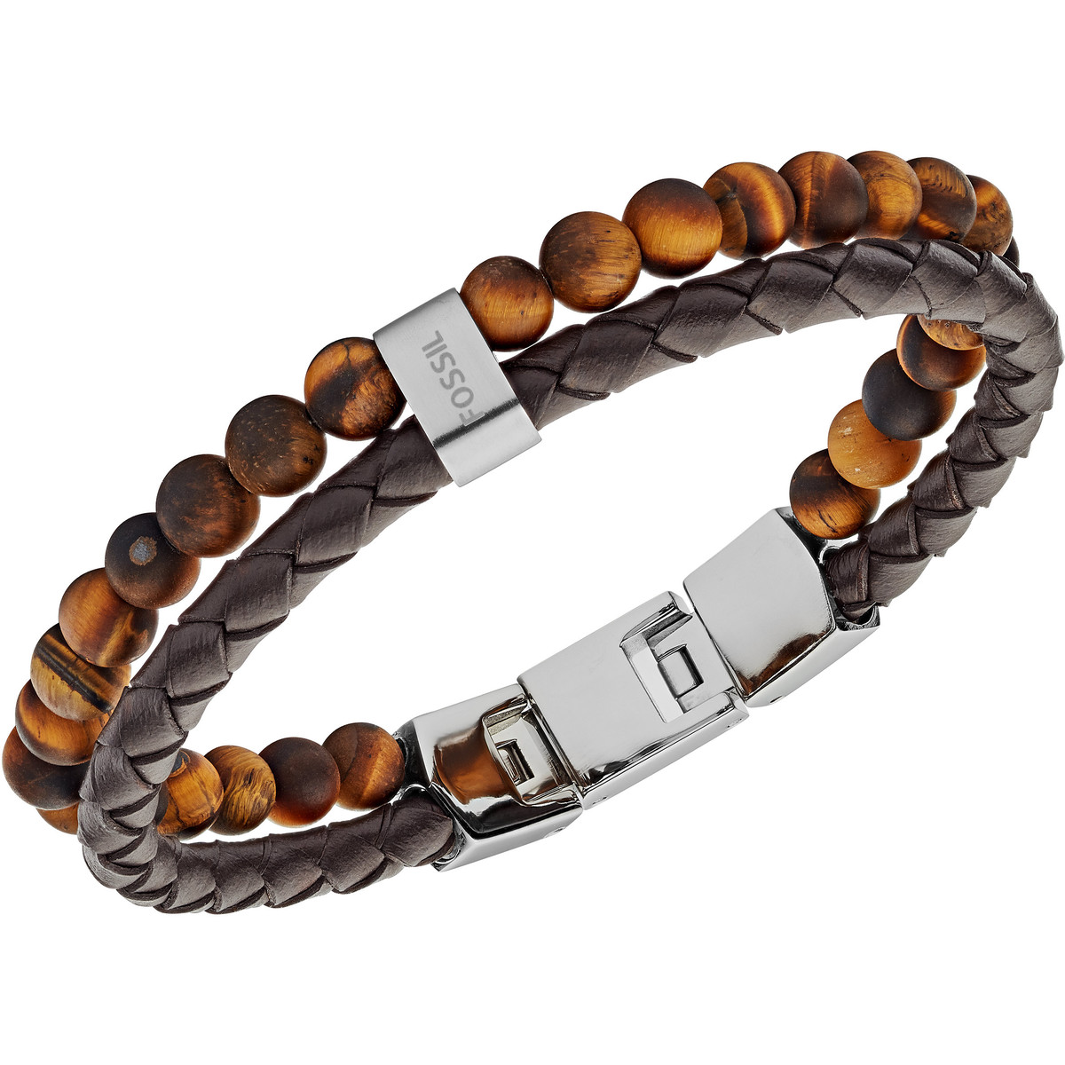 Bracelet FOSSIL acier cuir marron multi-rangs oeil de tigres 19,5 cm