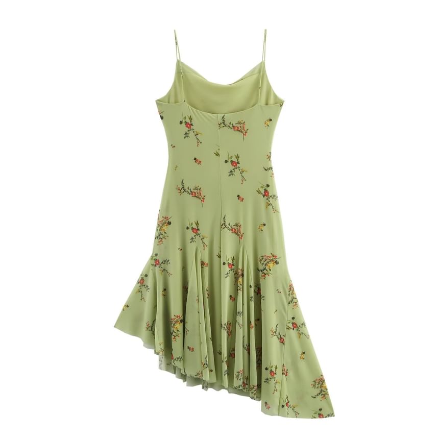 Cumulys - Spaghettibandjes, col, bloemenprint, asymmetrische midi-A-lijnjurk