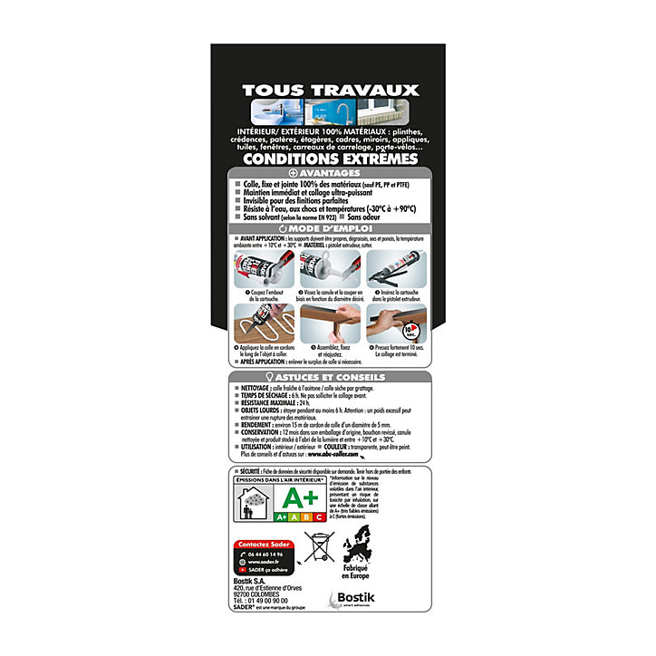 Colle Bostik Fixer sans percer tous travaux Sader tube 50g