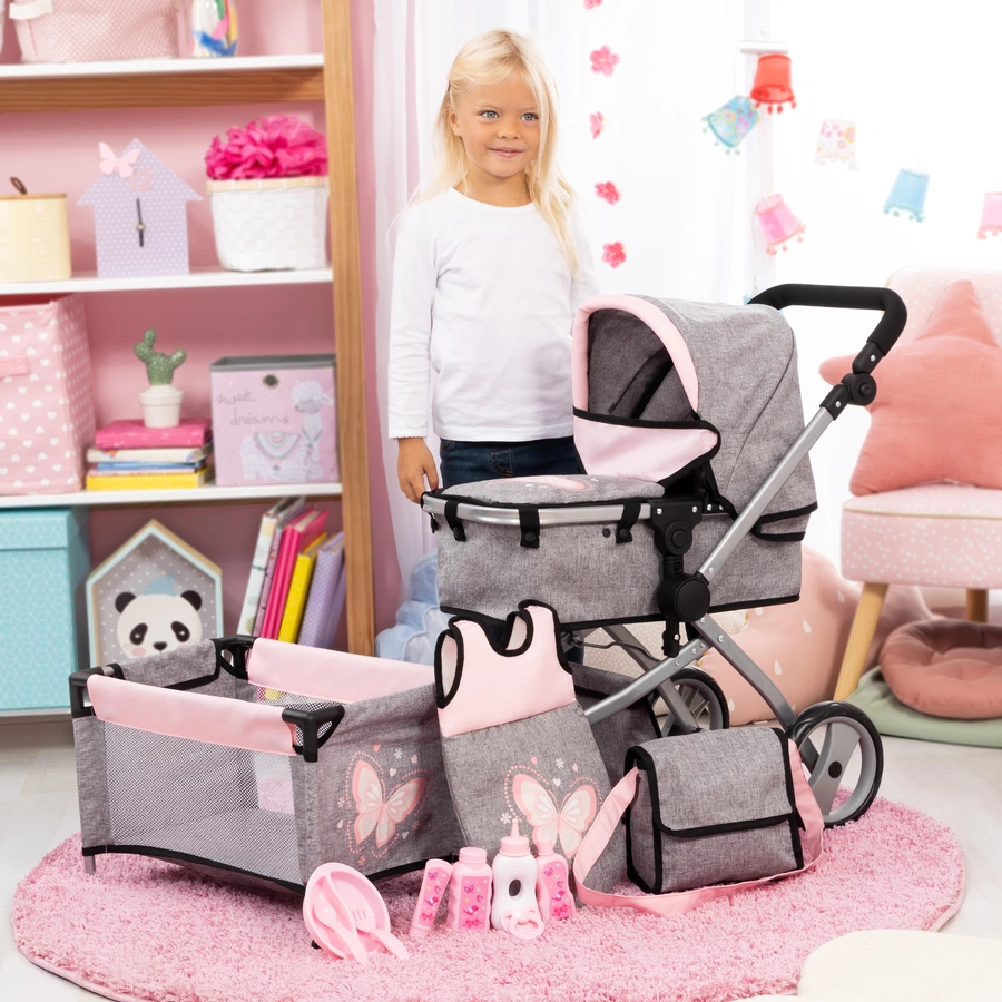 bayer Design Kombi-Puppenwagen Mega Set GrauRosa