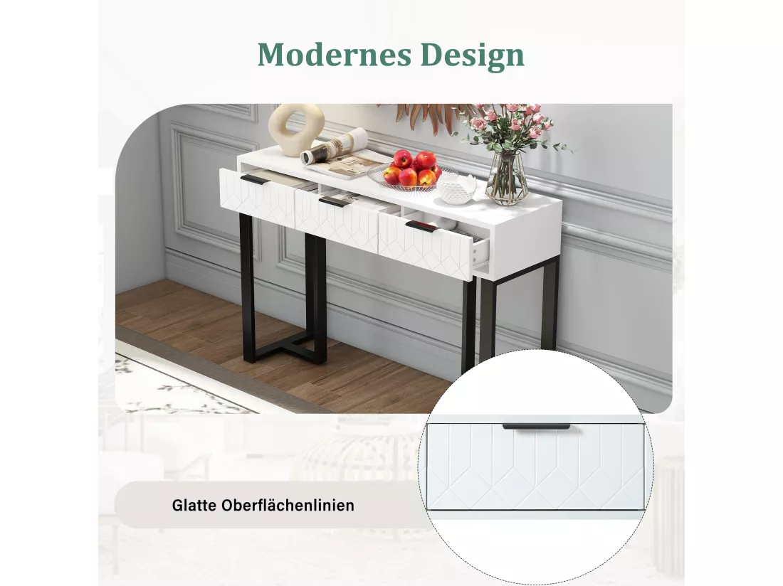 Table Console Moderne avec Tiroirs, Cadre Métallique Doré, Pieds Ajustables, Poignées Élégantes (Blanc + Noir)