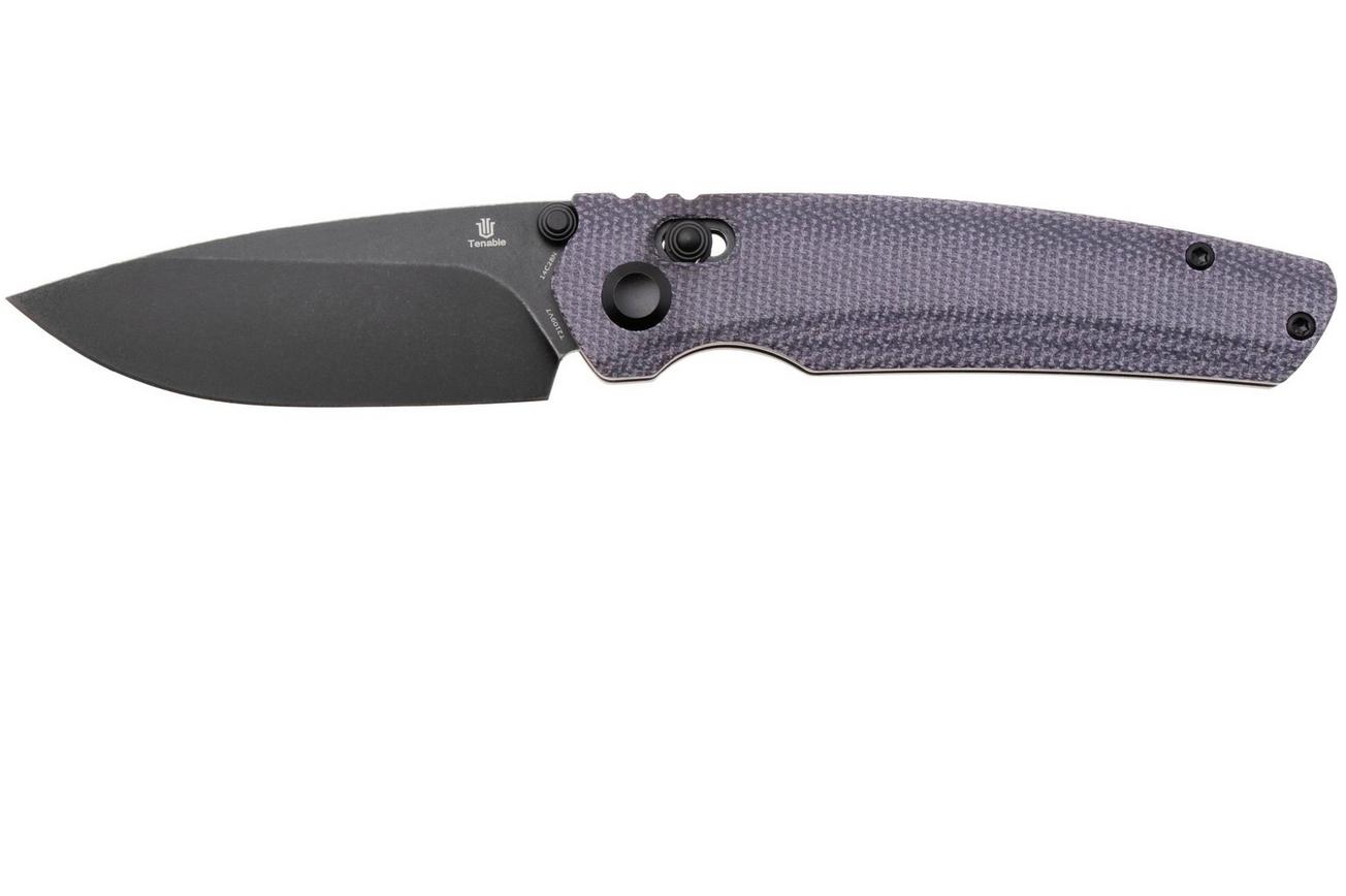 Tenable Knives Raven T2109V7 Blackwashed 14C28N, Purple Micarta, zakmes, Black Bird Blades design