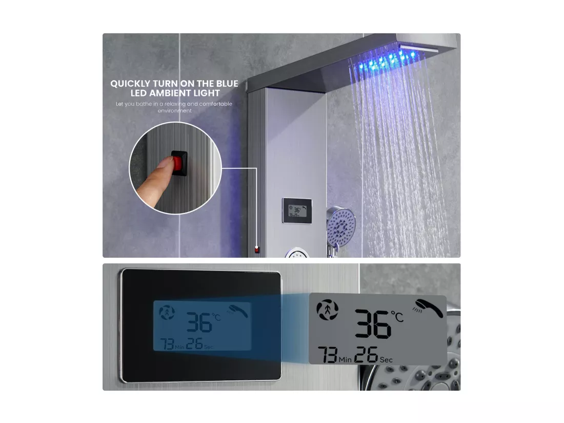 Panneau Douche AuraLum Max Colonne Douche Hydromassante LED Panneau de Douche en Acier Inox Brossé avec 3 Jets de Massage pour Salle bain,EU Modèle