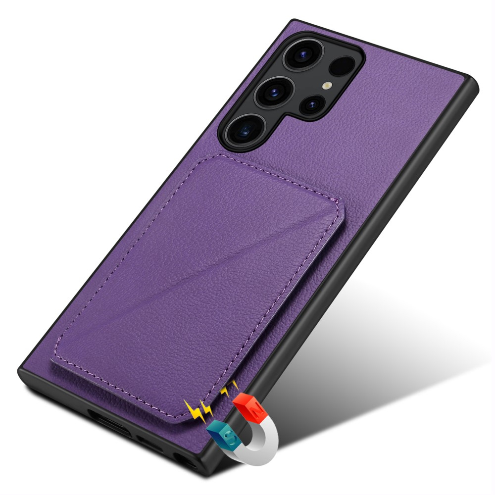 Samsung Galaxy S24 Ultra Leder Hülle mit Kartenfach   Origami Kickstand Aufsteller im Litchi Look - Violett