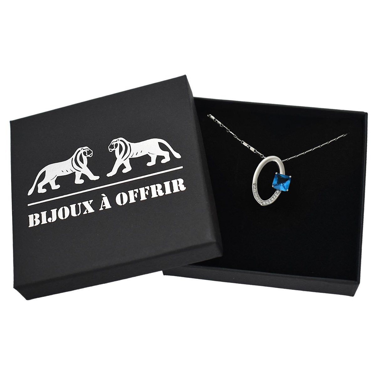 Collier goutte ovale et carré oxyde de zirconium bleu turquoise argenté
