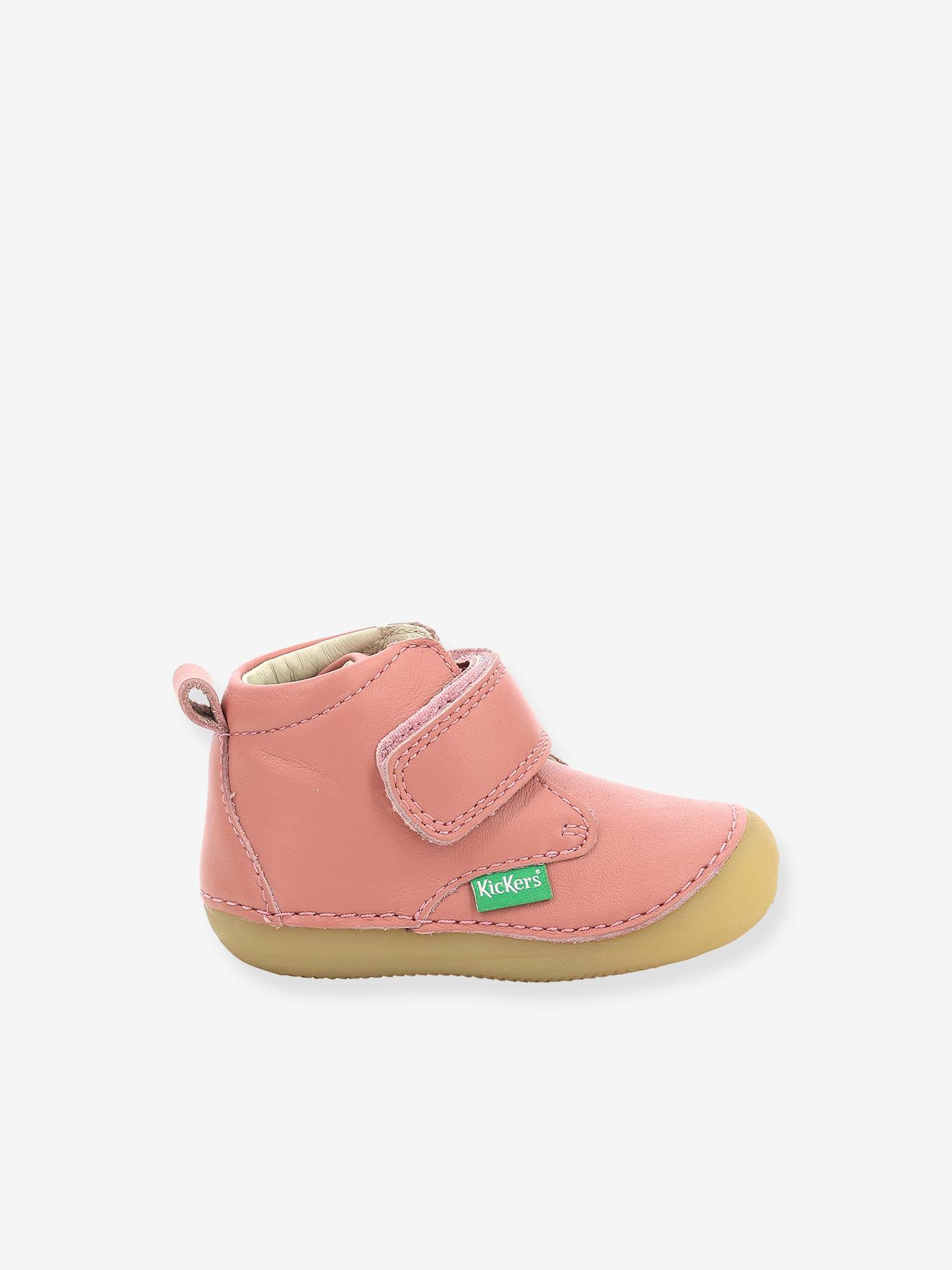 Sapatinhos de couro para bebê Sabio KICKERS® First Steps, rosa médio, lisos