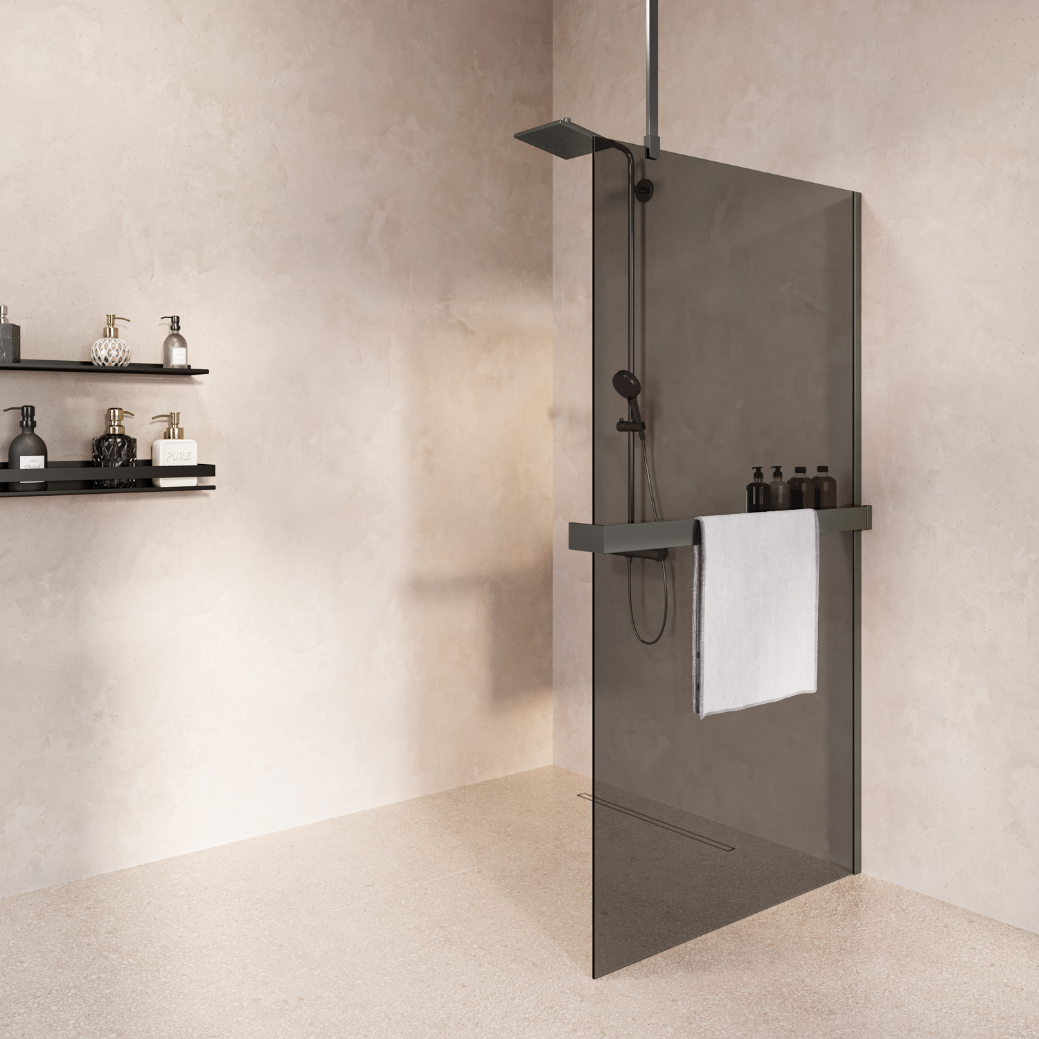 Saniclear Bright inloopdouche 90cm met handdoekhouder en rookglas verouderd ijzer - gunmetal