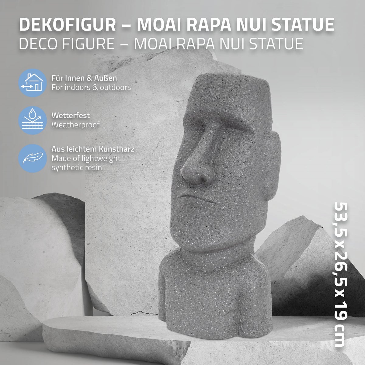 ECD Duitsland Moai figuur Rapa Nui hoofd 53,5 cm hoog gemaakt van weerbestendig gegoten steenhars, grijs, Paaseiland beeld als decoratie voor huis & tuin, tuinfiguur, decoratief figuur, sculptuur voor binnen & buiten