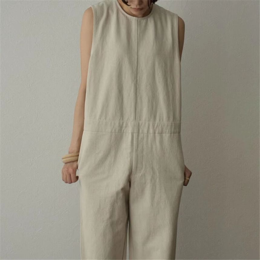 YARU - Mouwloze jumpsuit met ronde hals, rechte pijpen en effen kleur
