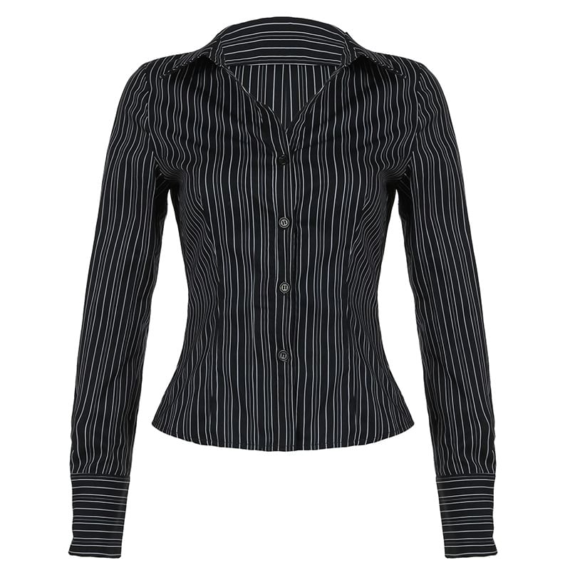 BrickBlack - Blouse met lange mouwen, kraag, strepen en knoopjes, slim fit
