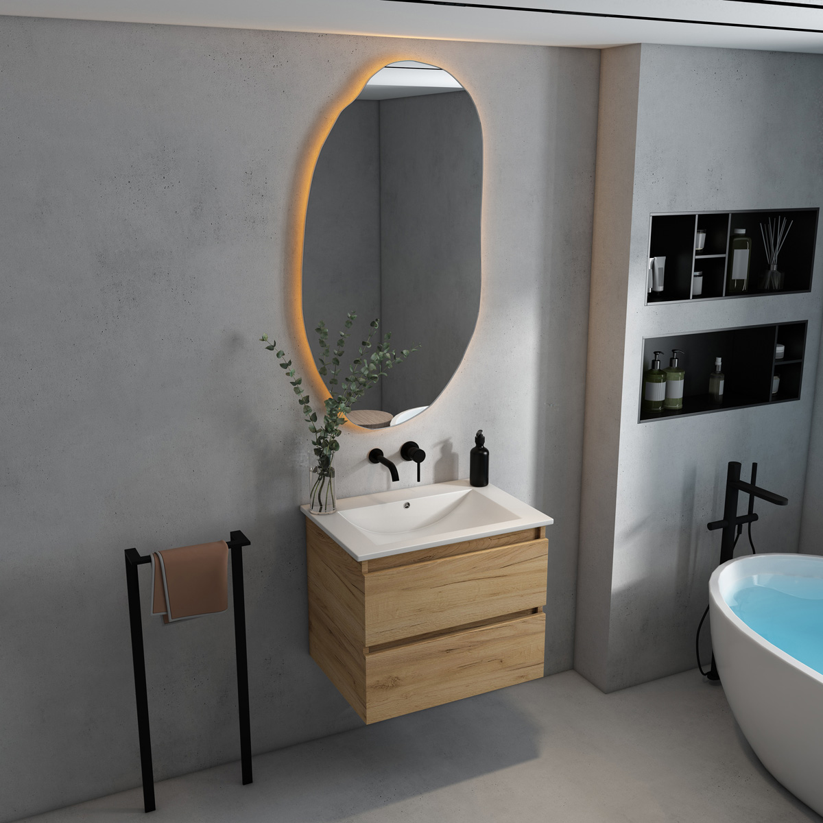 Fontana Rovigo badmeubel 60cm met witte wastafel zonder kraangat warm eiken