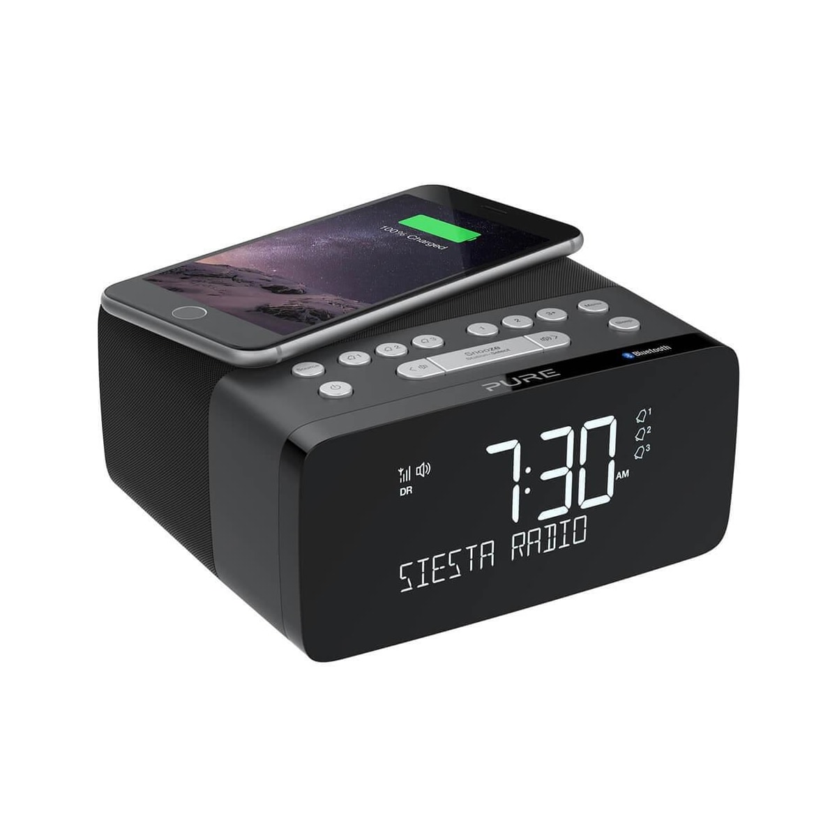 PURE FM/DAB/DAB+/BT/Qi Siesta Charge Klokkeradio Grafit