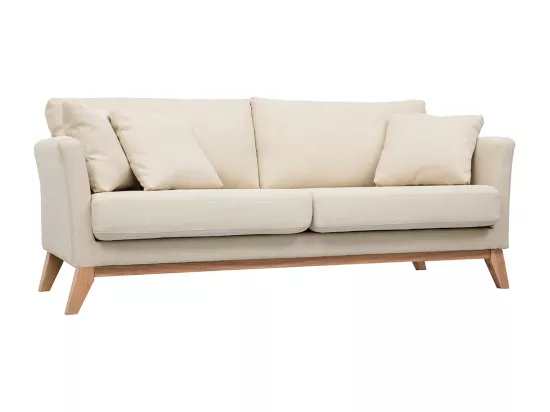 Canapé scandinave déhoussable 3 places en tissu beige et bois clair OSLO