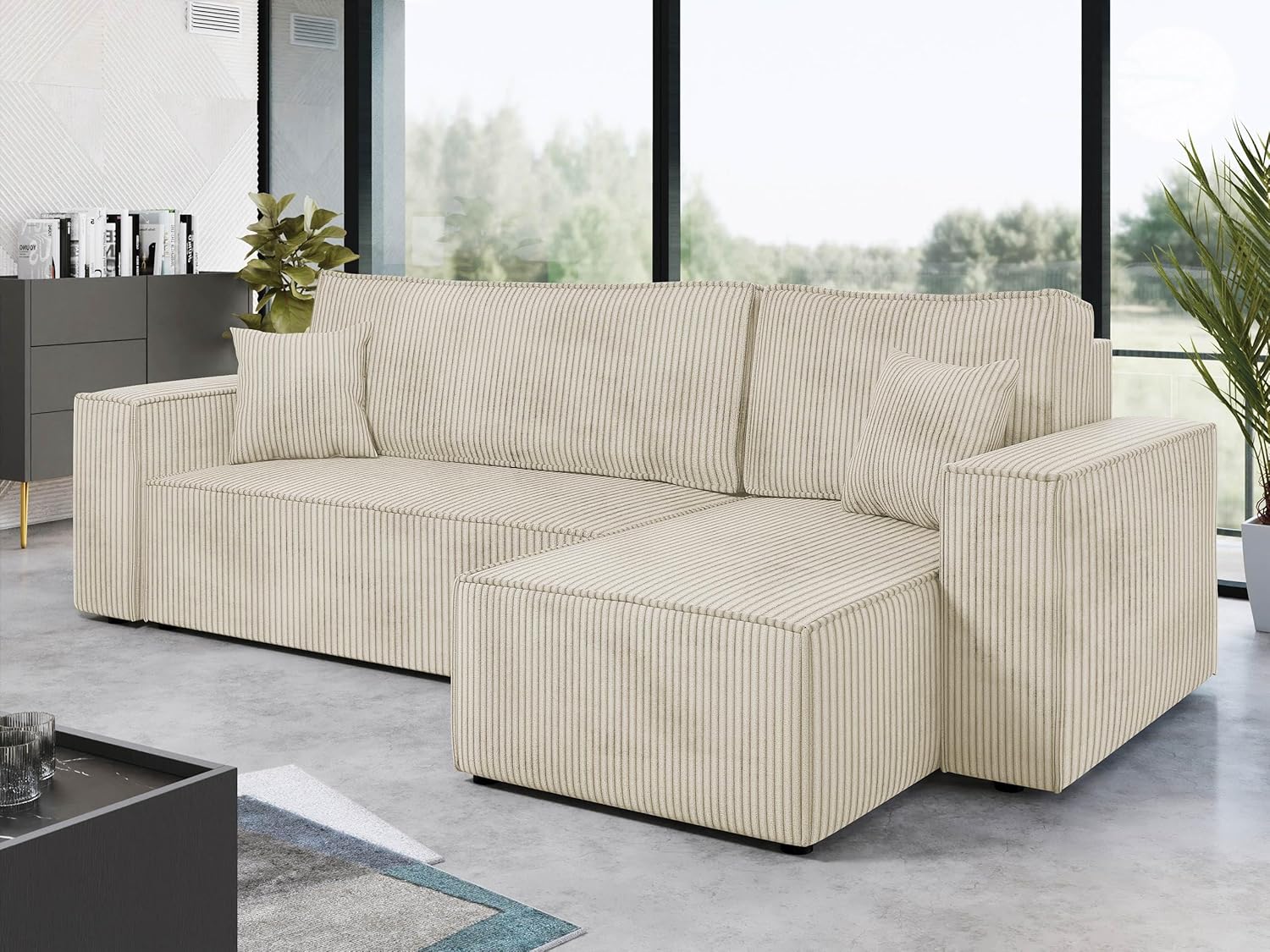 Mirjan24 Ecksofa Kobaro Cord Sofa Eckcouch Couch mit Schlaffunktion und Bettkasten Ottomane Universal, L-Form Couch Schlafsofa Bettsofa Farbauswahl (Poso 100)