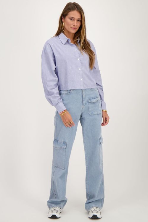 Blauw-wit gestreepte cropped blouse met strass