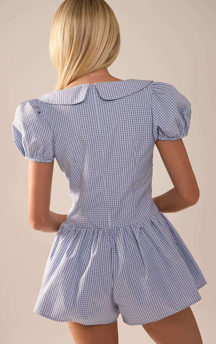 Bleu Combi-short À Jupe-culotte En Tissu Tissé À Carreaux Avec Détail Col