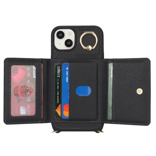 iPhone 14 / iPhone 13 Necklace Leder Hülle mit Münzfach und Kartenfächer   Finger Griff Halterung   Handykette - Schwarz