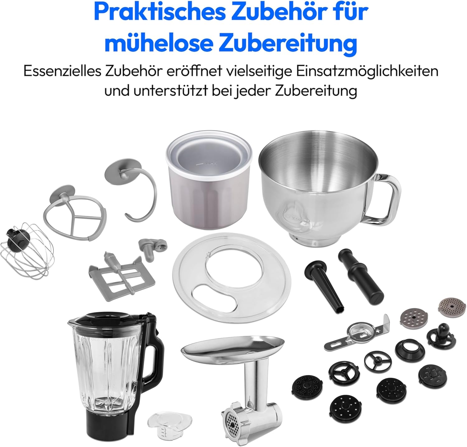 MEDION Küchenmaschine (Mixer, Fleischwolf, Eisschüssel für Zubereitung von Eis, 4 in 1, 1.200 Watt, Reiben Raspeln Schneiden, Digitales Touch Display, Knetmaschine, Teigmaschine, MD18440) Titan