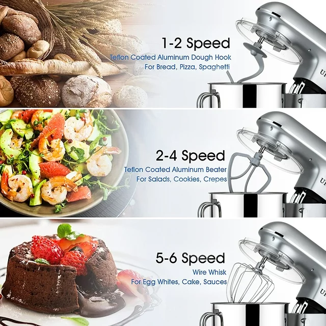 Batedeira de pedestal uhomepro de 7,5 QT para cozinha, 6 velocidades + 0 + P, cabeça inclinável, 660 W, batedeira elétrica para massa, uso doméstico e comercial, com gancho para massa, batedor, batedor de ovos, espátula, própria para lava-louças.