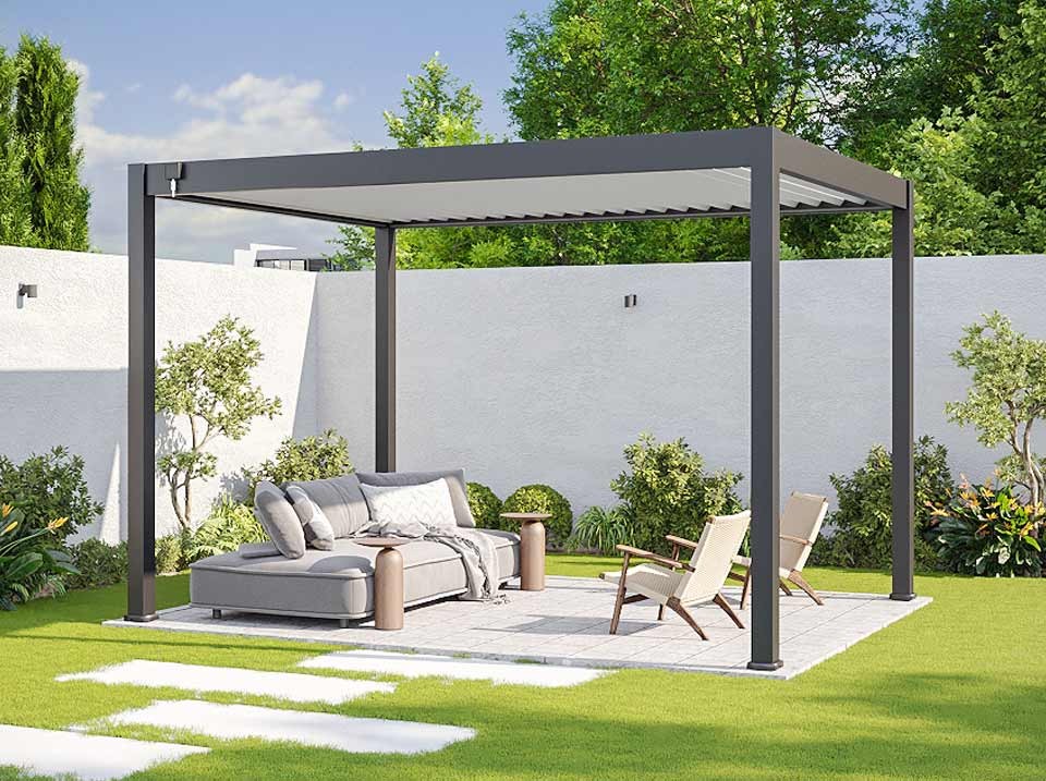 Pergola bioclimatique 3x4m - eclipse 12m² - gris - autoportee - aluminium - lames en acier galvanisé - lames orientables de 0 à 120°