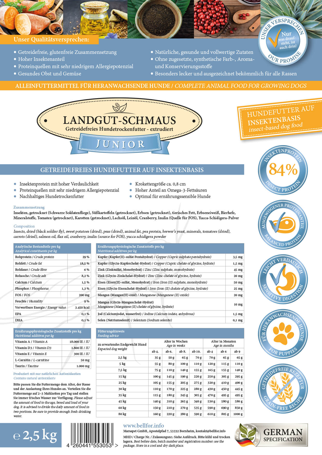 Croquettes pour chiens en croissance avec des protéines d'insectes - landgut-schmaus junior - 2,5 kg