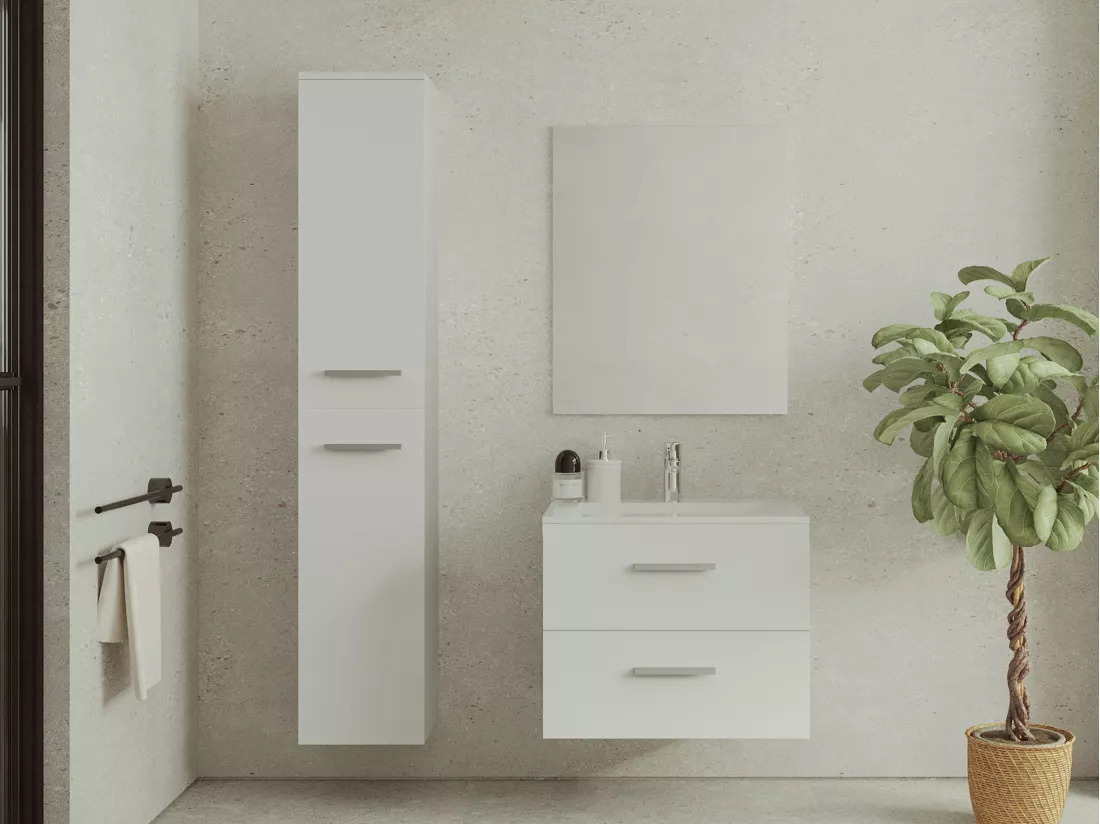 Meuble de salle de bain suspendu simple vasque avec colonne de rangement - Coloris blanc - 60 cm - KAYLA